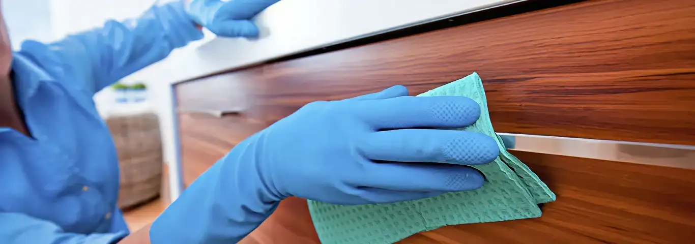Cleaner wearing blue gloves wiping a wooden cabinet drawer with a microfiber cloth for dust and grime removal, Naperville, IL.