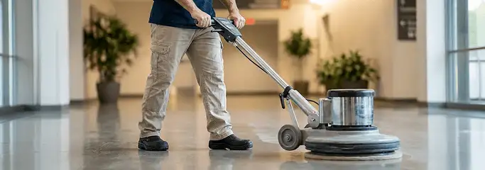 Professional technician using an industrial floor buffer to polish and maintain shiny commercial flooring in a corporate hallway in Naperville, IL.