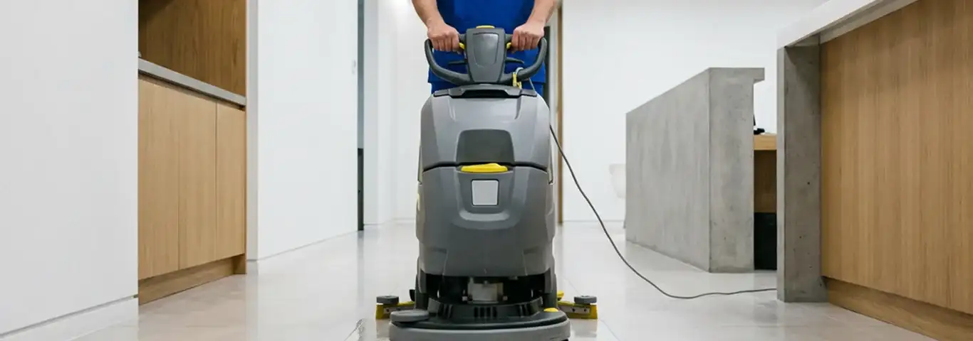 Janitorial staff using a floor scrubber machine to clean a commercial hallway, Naperville, IL.