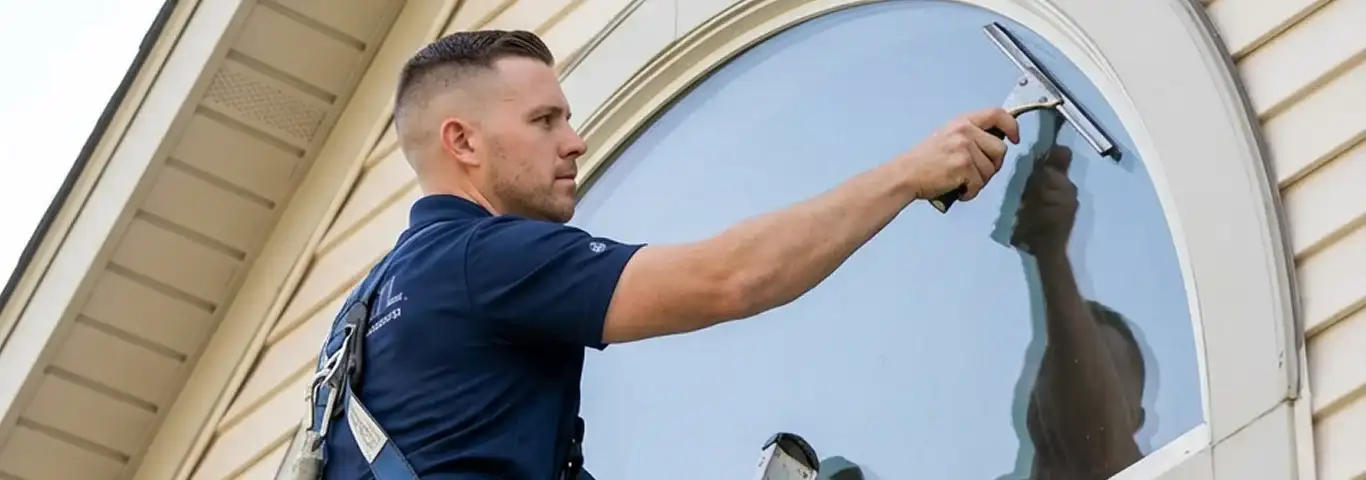 Professional window cleaner using a squeegee to clean an exterior arched window on a home, Naperville, IL.