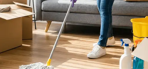 Move-out cleaning setup with a cleaner mopping hardwood floors near moving boxes and cleaning supplies, Naperville, IL.