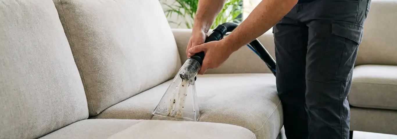 Technician extracting dirt and moisture from a fabric sofa with an upholstery cleaning wand, Naperville, IL.