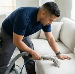 Professional upholstery cleaning technician using an extraction wand to deep-clean a fabric sofa, Naperville, IL.