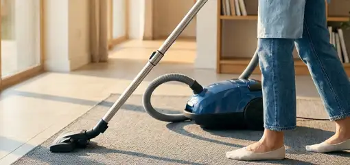 Person vacuuming a living room rug with a canister vacuum cleaner near large windows, Naperville, IL.